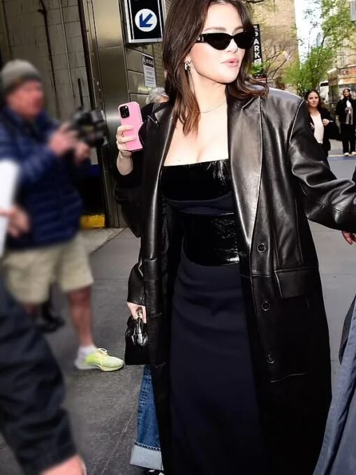 Selena Gomez Black Leather Trench Coat For Women's
