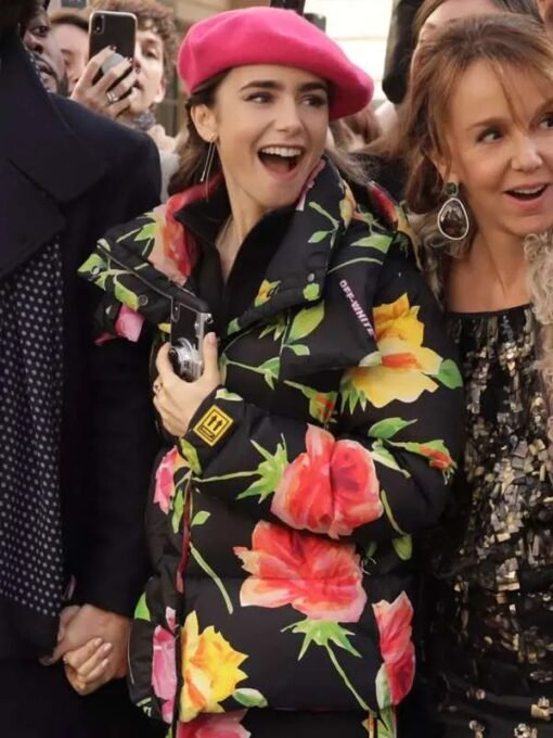 Lily Collins Emily In Paris Floral Parachute Puffer Hooded Jacket