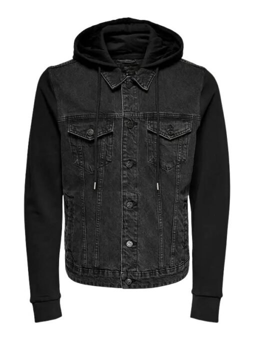 Mens Bomber Black Denim Hooded Jacket