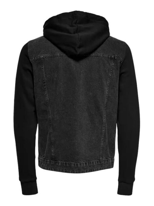Mens Black Bomber Denim Jacket with Hood