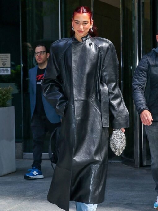 Dua Lipa Oversized Black Leather Trench Coat