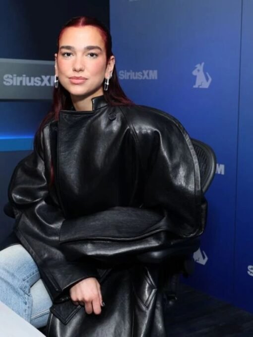 Dua Lipa Oversized Black Leather Trench Coat