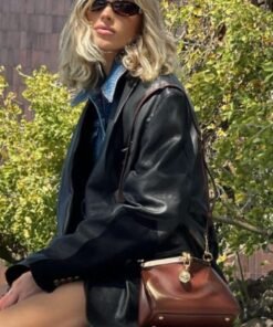Elsa Hosk Biker Black Leather Long Blazer