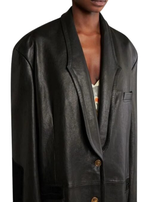 Elsa Hosk Biker Black Leather Long Blazer
