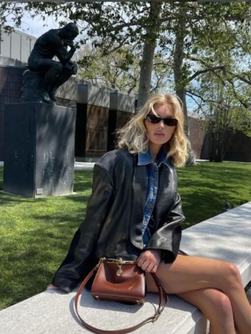 Elsa Hosk Biker Oversized Black Long Blazer