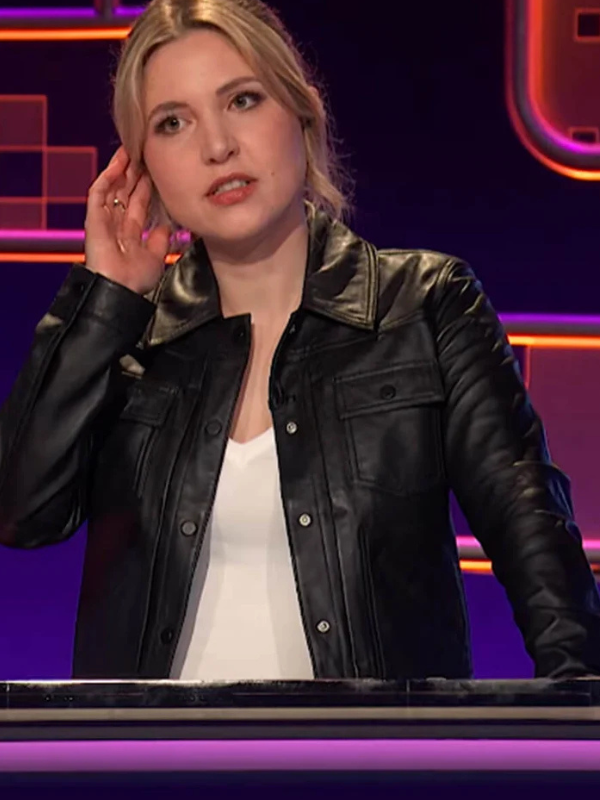 High-resolution main front view of the custom-made Taylor Tomlinson After Midnight 2026 black leather jacket on a pure white background.