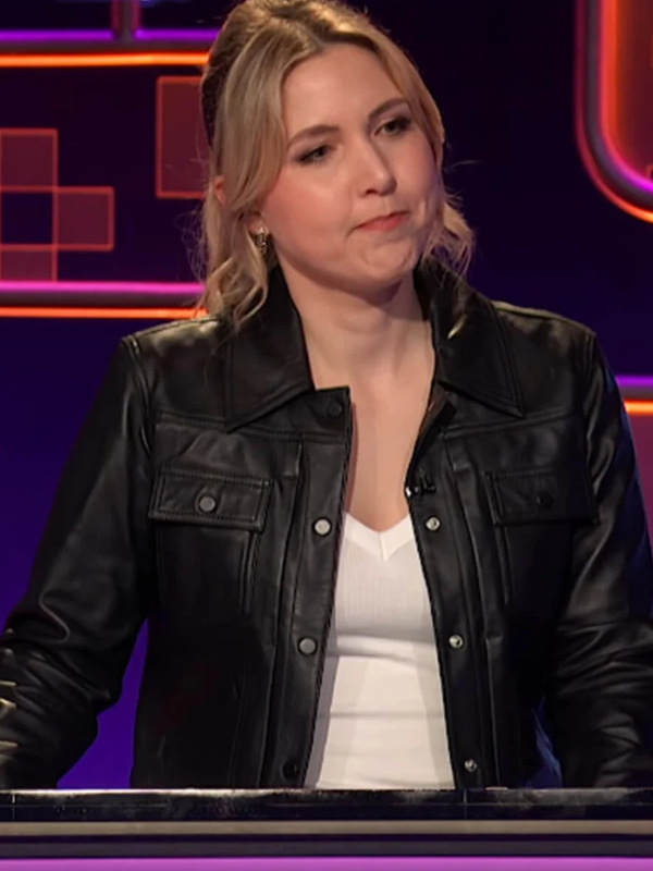 Final front view of the Taylor Tomlinson After Midnight 2026 black leather jacket for women.