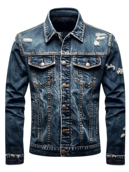 Mens Distressed Comfortable Durable Blue Denim Jacket