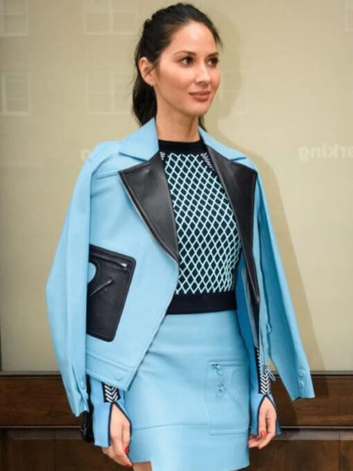 Olivia Munn Blue Leather Jacket