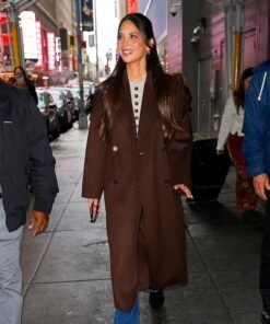 Olivia Munn GMA Studios Brown Trench Coat