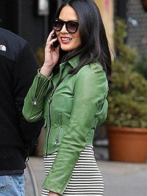 Olivia Munn Leather Jacket Green