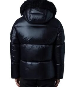 Black Puffer Shearling Jacket with Removable Hood