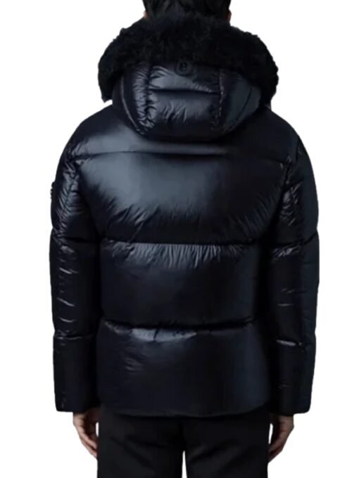 Black Puffer Shearling Jacket with Removable Hood