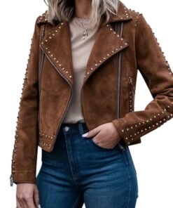 Women's Brown Suede Studded Moto Jacket