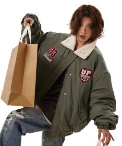 Boa Lapel Casual Padded Green Jacket