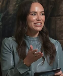 E! News 2025 Emily Curl Blue Leather Belted Dress