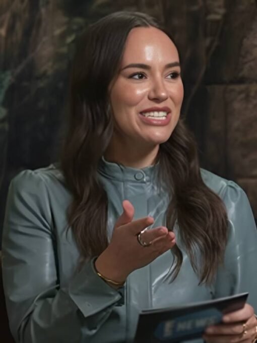 E! News 2025 Emily Curl Blue Leather Belted Dress
