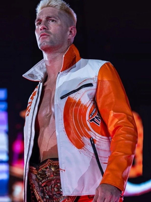 NJPW Zack Sabre Jr. White and Orange Leather Jacket