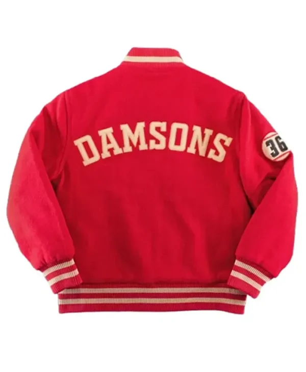 going dutch maggie quinn red varsity jacket back view