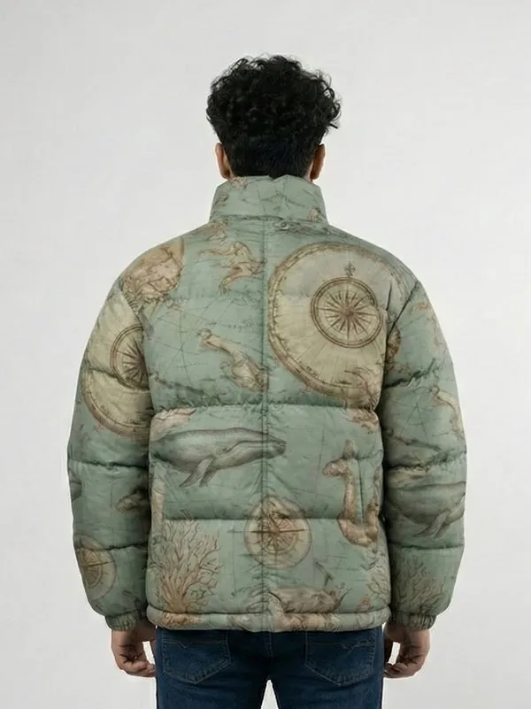 Green vintage map print winter puffer jacket