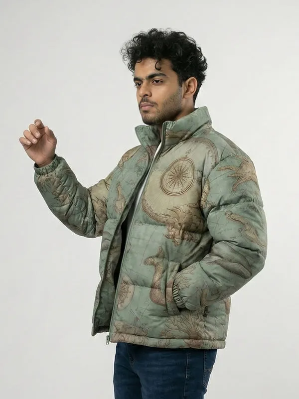 Green vintage print puffer jacket for men winter wear