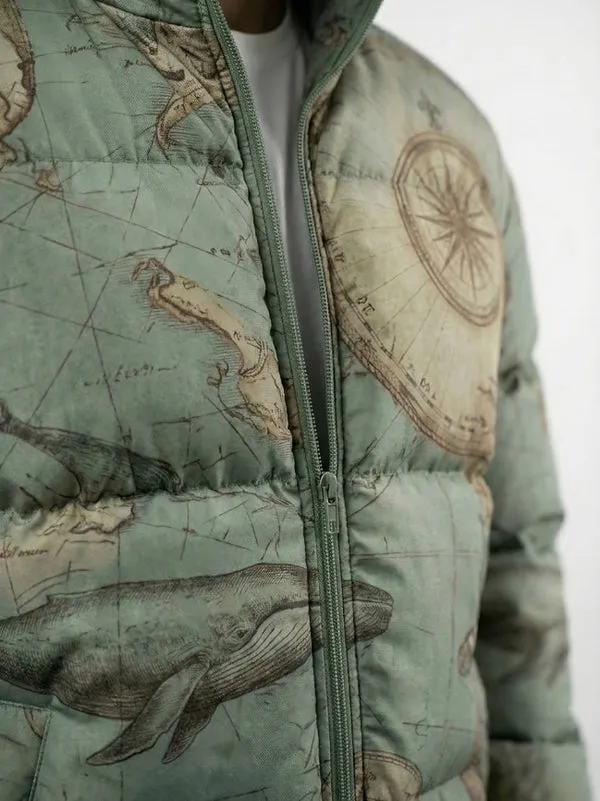 Men’s vintage map print puffer jacket winter outerwear