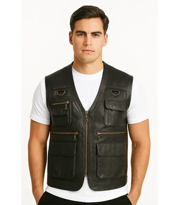Safari brown leather vest with classic rugged style