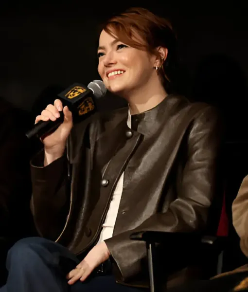 Emma Stone 2025 leather jacket BAFTA Bugonia screening