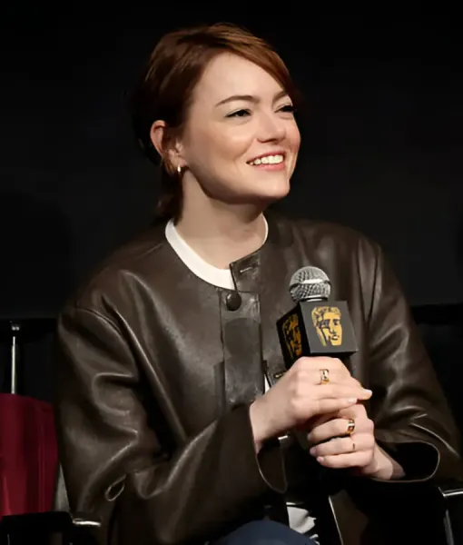 Emma Stone leather jacket at Bugonia BAFTA screening