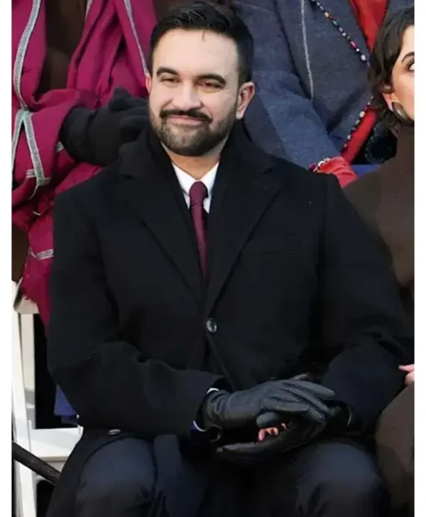 Zohran Mamdani wool coat close up detail at inauguration ceremony