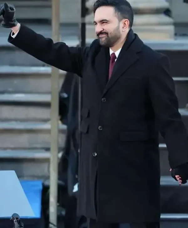 Zohran Mamdani wool coat right side view at inauguration ceremony