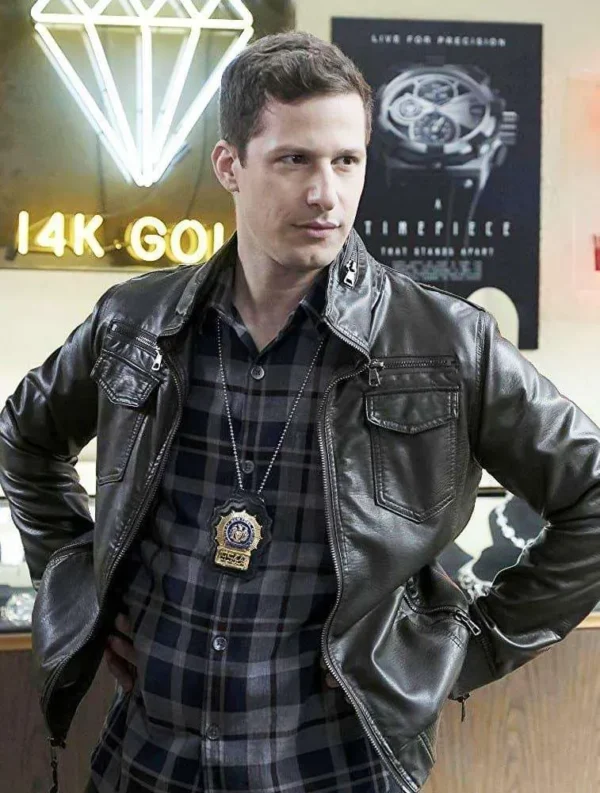 Jake Peralta black leather jacket front view