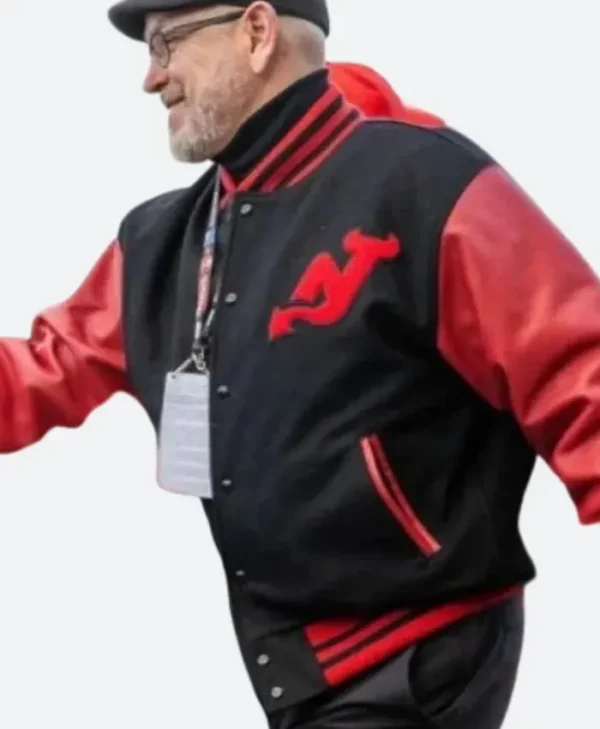 Lindy Ruff black and red New Jersey Devils Stadium Series varsity jacket right view