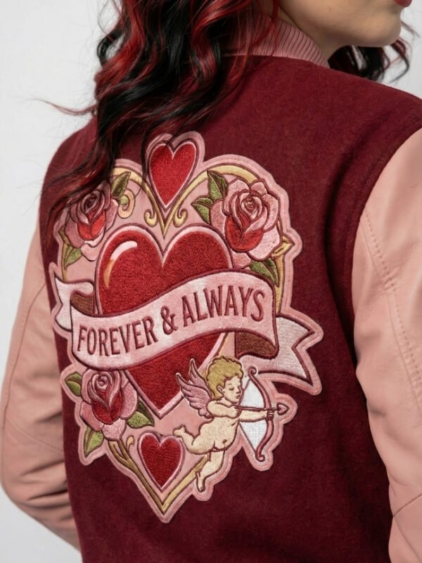Love patch embroidered red varsity jacket for women