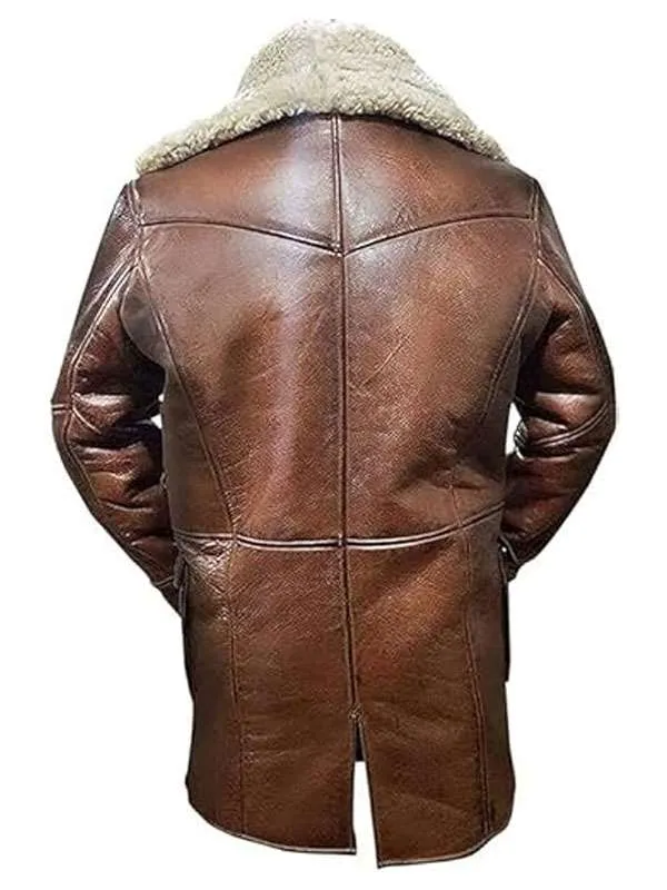 Mens brown leather shearling trench coat