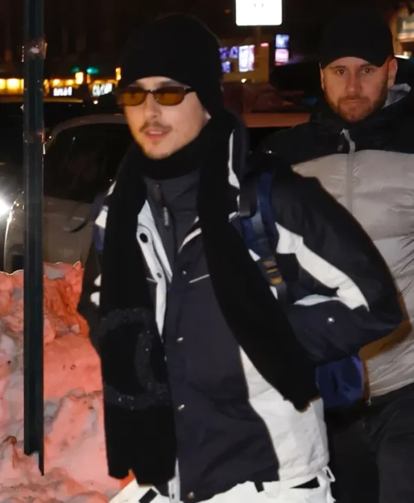 Timothée Chalamet wearing a jacket front view in NYC 2026