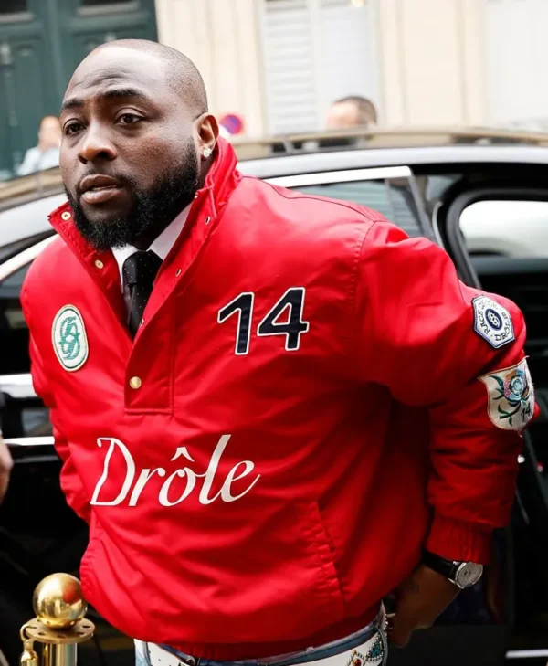 Davido red jacket close up detail at Paris Fashion Week 2026