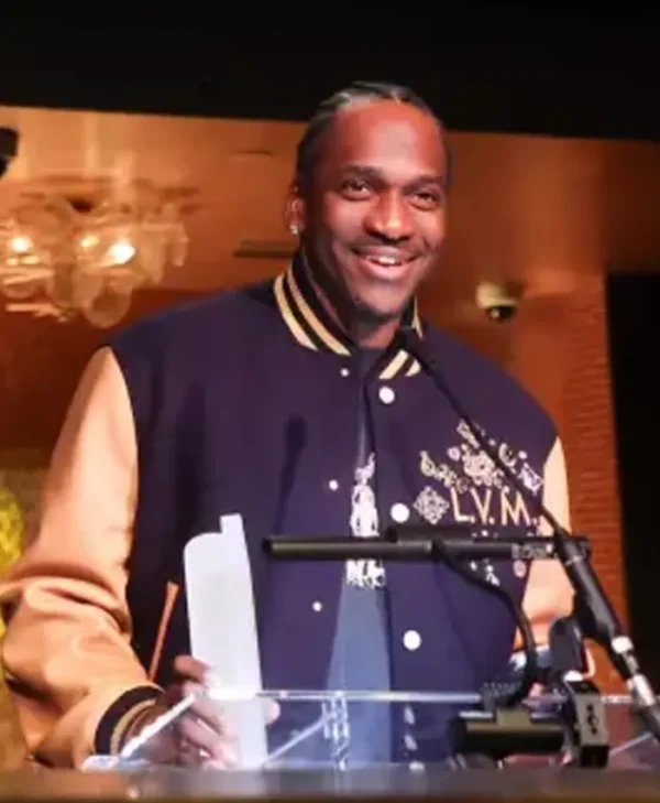 Pusha T varsity jacket close up detail at Power 100 Party 2026