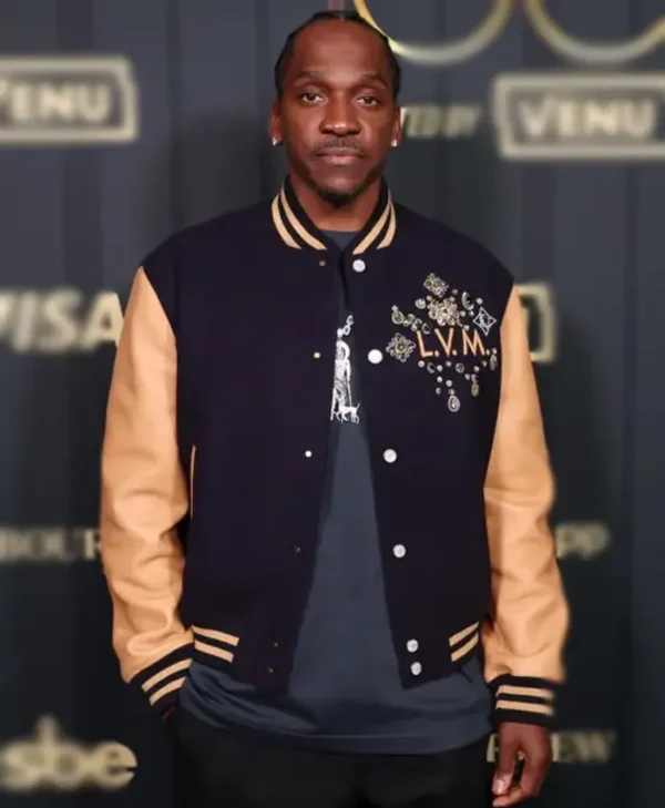 Pusha T wearing a varsity jacket front view at Power 100 Party 2026