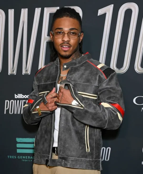Tone Stith cafe racer jacket close up detail at Power 100 Party 2026