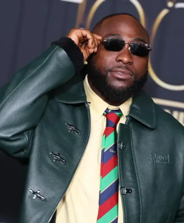 Davido green leather jacket close up detail at Power 100 Party