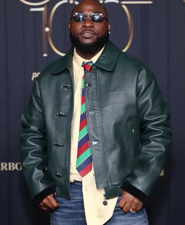 Davido wearing a green leather jacket front view at Power 100 Party
