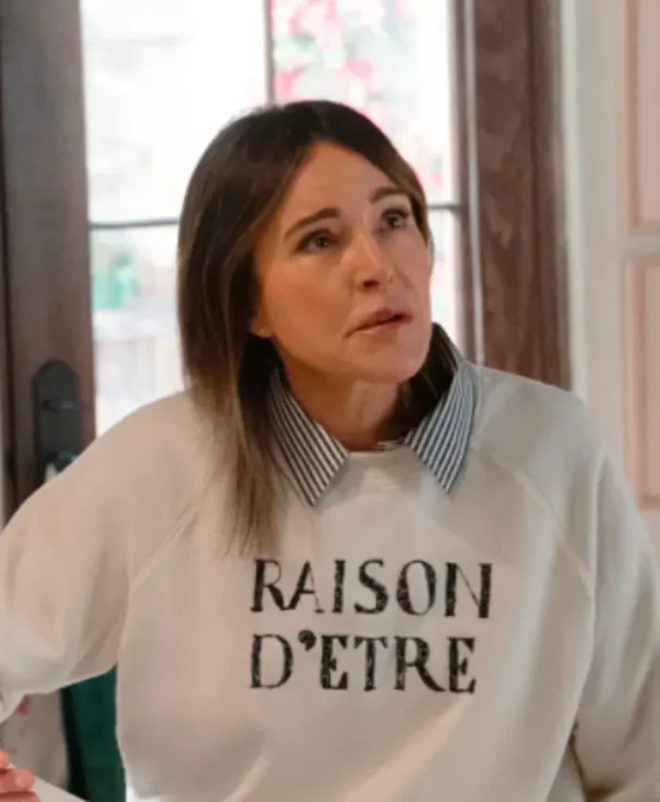 Christa Miller Raison D’Etre sweatshirt close up in Shrinking season 3