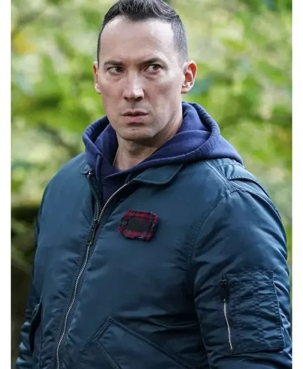 Jack Hodgson blue bomber jacket close up detail