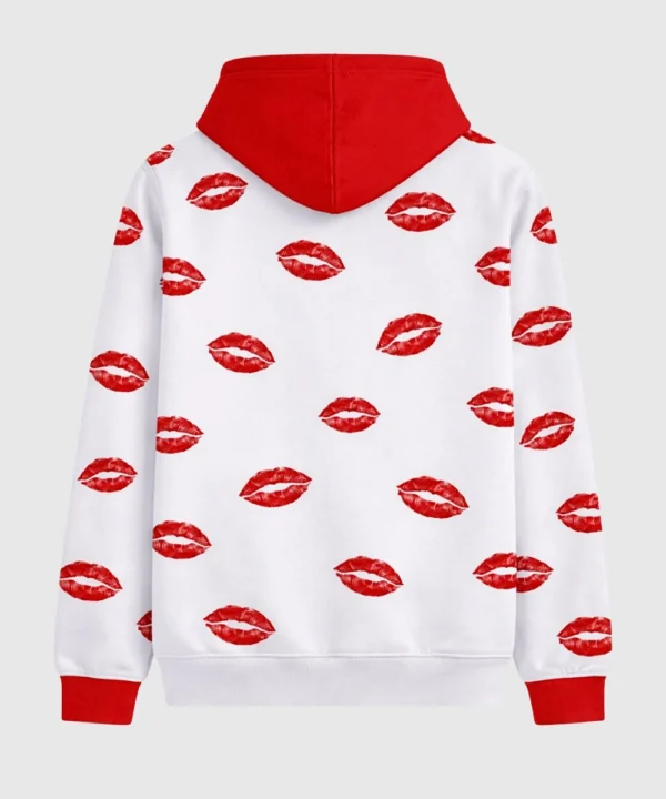 White Valentine hoodie with red lips kiss print