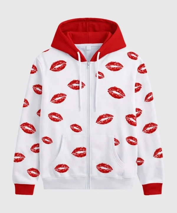 Valentine Day white zipper hoodie with lips kiss print design