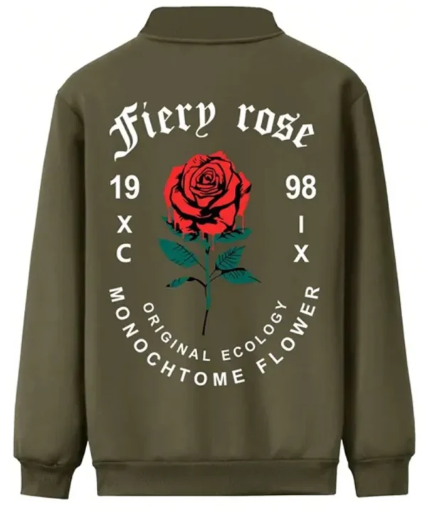 Green bomber jacket with rose and slogan print