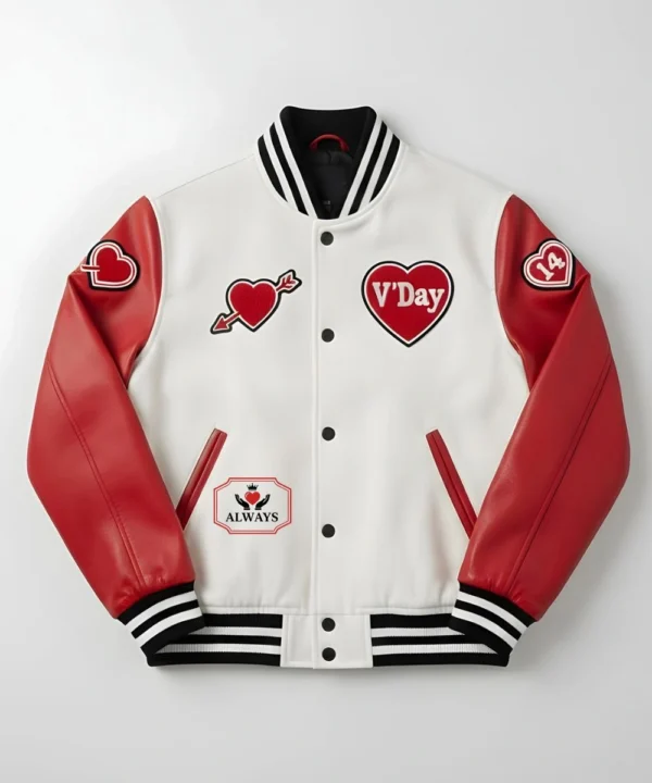 White and red Valentine’s Day couples varsity jacket