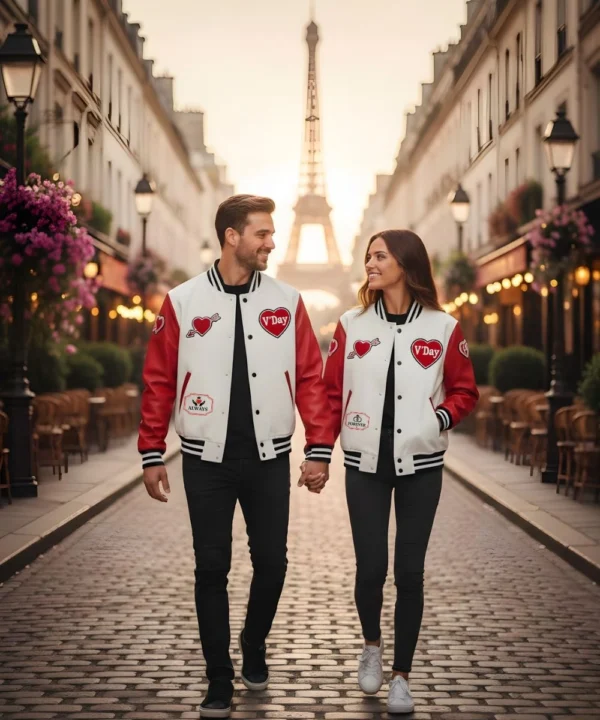 Valentine’s Day white and red couples bomber varsity jacket for date night