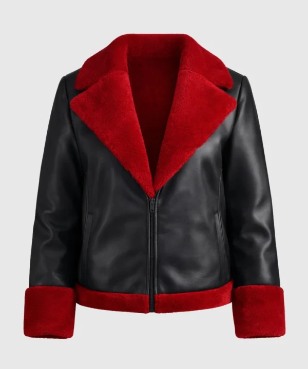 Women’s Valentine red black aviator shearling leather jacket